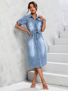 SHEIN Essnce Roll Up Sleeve Drawstring Waist Denim Dress - Light Wash - View 3