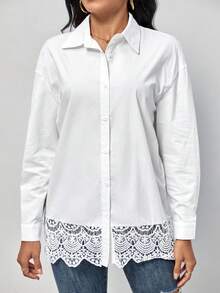 SHEIN Clasi Áo sơ mi nữ Tương phản ren Sò điệp Nút phía trước màu trơn Giải trí - trắng - Xem 4