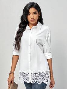 SHEIN Clasi Áo sơ mi nữ Tương phản ren Sò điệp Nút phía trước màu trơn Giải trí - trắng - Xem 2