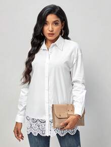 SHEIN Clasi Áo sơ mi nữ Tương phản ren Sò điệp Nút phía trước màu trơn Giải trí - trắng - Xem 5