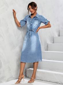 SHEIN Essnce Roll Up Sleeve Drawstring Waist Denim Dress - Light Wash - View 4