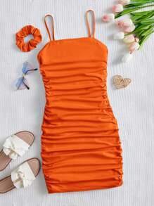 SHEIN 青少年女孩側收褶吊帶連衣裙&大腸髮圈 - 橘色 - 查看 1