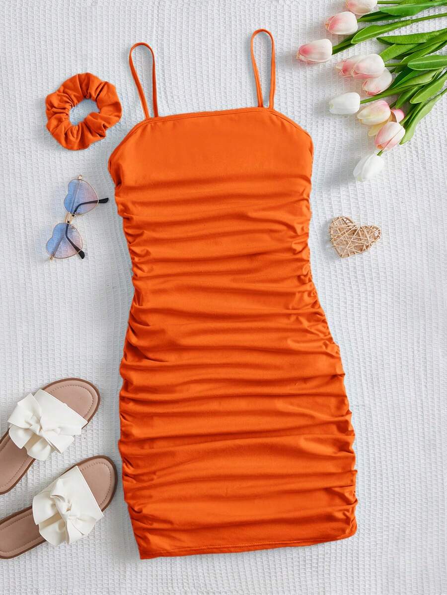 SHEIN 青少年女孩側收褶吊帶連衣裙&大腸髮圈 - 橘色 - 查看 1