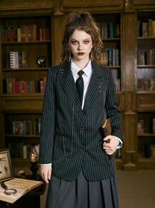 ROMWE Academia Striped Print Lapel Neck Blazer