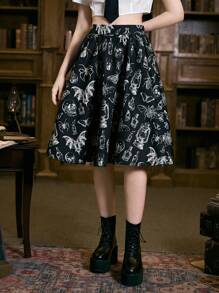 ROMWE Academia Skull Print Flare Skirt - Black and White - View 1