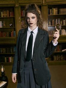 ROMWE Academia Striped Print Lapel Neck Blazer