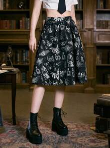 ROMWE Academia Skull Print Flare Skirt - Black and White - View 4