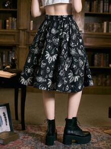 ROMWE Academia Skull Print Flare Skirt - Black and White - View 5
