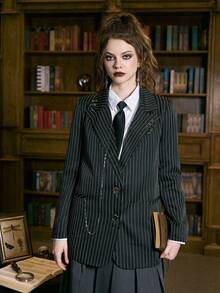 ROMWE Academia Striped Print Lapel Neck Blazer