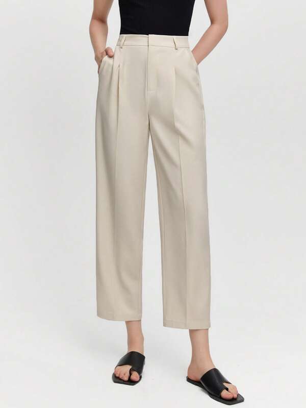 BizChic Women's Khaki Dress Pants, Solid Color Straight Leg 7/8 Length Trouser, Casual Suit Pants