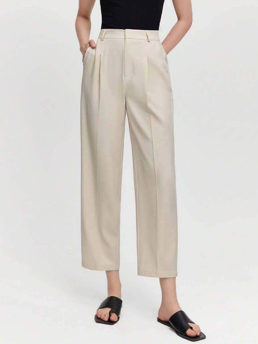 BizChic Solid Slant Pocket Straight Leg Cropped Suit Trousers - Apricot - View 1
