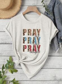 SHEIN LUNE Báo & Đồ họa Chữ cái Áo thun - Màu be - Xem 3