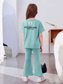 SHEIN Bộ thời trang bé gái Đắp vá Slogan Giải trí - Màu xanh Cadet - Xem 1