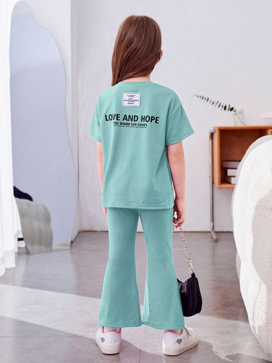 SHEIN Bộ thời trang bé gái Đắp vá Slogan Giải trí - Màu xanh Cadet - Xem 1