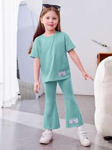 SHEIN Bộ thời trang bé gái Đắp vá Slogan Giải trí - Màu xanh Cadet - Xem 2