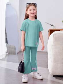 SHEIN Bộ thời trang bé gái Đắp vá Slogan Giải trí - Màu xanh Cadet - Xem 3
