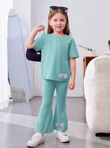 SHEIN Bộ thời trang bé gái Đắp vá Slogan Giải trí - Màu xanh Cadet - Xem 6