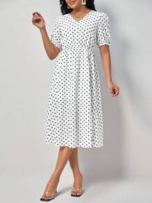 SHEIN Clasi 波點圖案泡泡袖連衣裙 - 白色 - 查看 3