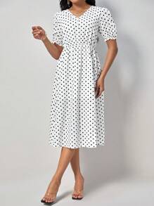 SHEIN Clasi 波點圖案泡泡袖連衣裙 - 白色 - 查看 5