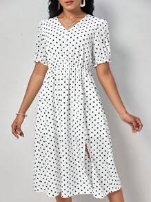 SHEIN Clasi 波點圖案泡泡袖連衣裙 - 白色 - 查看 2