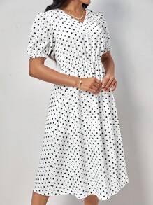 SHEIN Clasi 波點圖案泡泡袖連衣裙 - 白色 - 查看 6