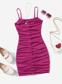 SHEIN Đầm Gái Xù màu trơn Giải trí - Màu đỏ tím - Xem 1