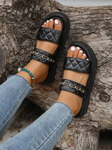Women Quilted Pattern Chain Decor Slide Sandals, Fashion Sandals - Black - View 1