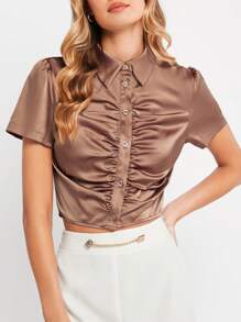 BizChic 前紐扣前收褶短款襯衫工作服 - 咖啡棕 - 查看 2