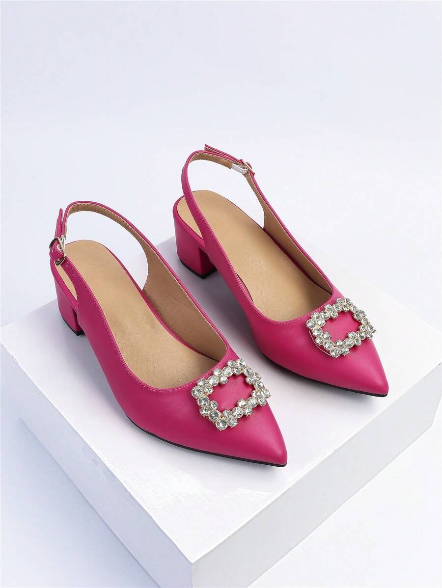 Mujer con diseño de diamante de imitación de punta Tacones gruesos , atractivo exterior Zapatos de salón destalonados - Rosa Fucsia - Ver 1