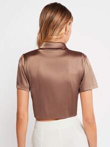 BizChic 前紐扣前收褶短款襯衫工作服 - 咖啡棕 - 查看 3