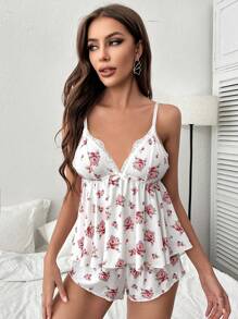 CottageSlumber Floral Print Lace Trim Cami Top & Shorts PJ Set / Pajama Set White Set - White - View 5
