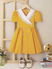 SHEIN 小女童鏤空蕾絲花邊泡泡袖洋裝