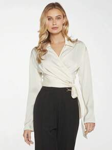 BizChic 素色圍裹側打結素色襯衫 - 米色 - 查看 4