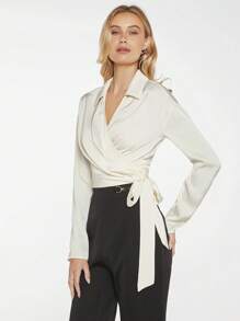 BizChic 素色圍裹側打結素色襯衫 - 米色 - 查看 5