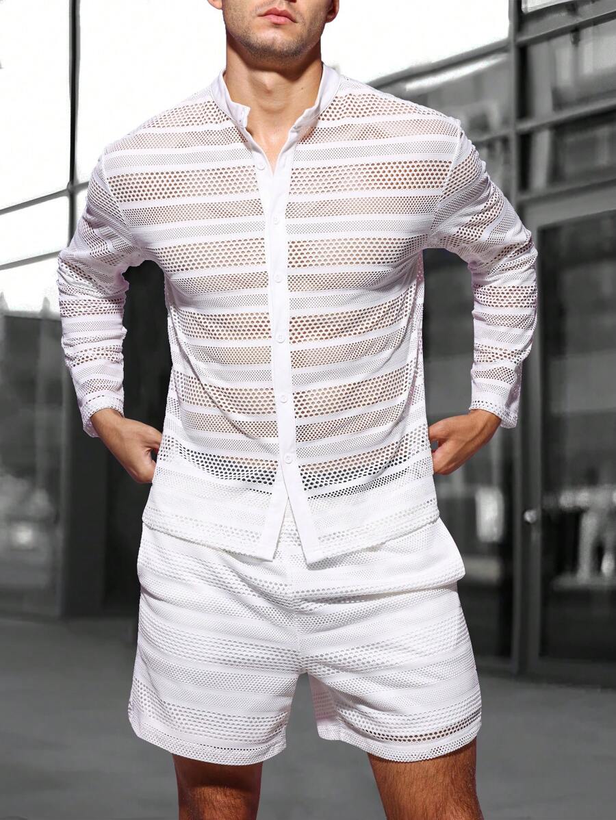 Manfinity Fever City Men Hollow Out Shirt & Shorts - White - View 1