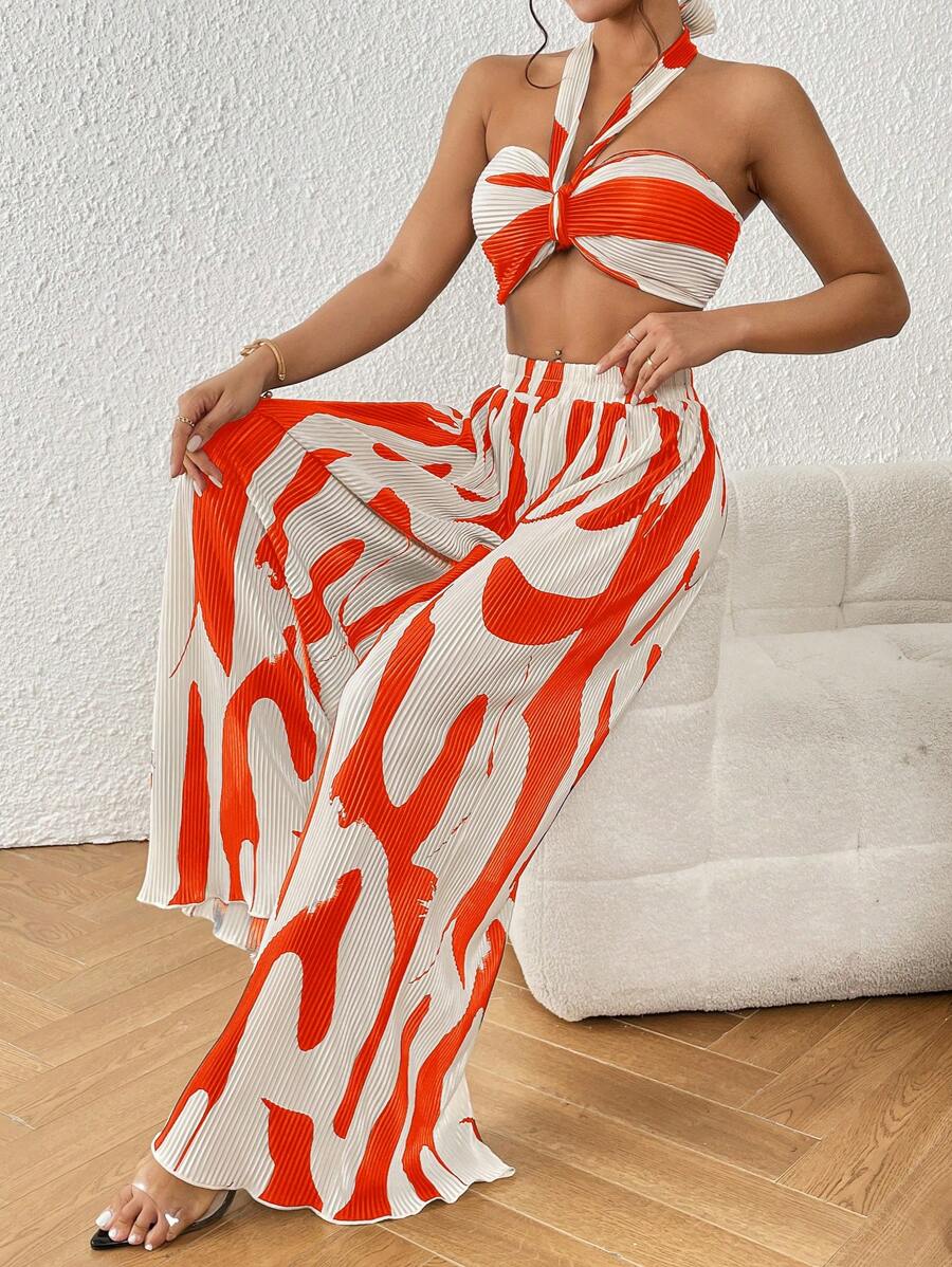 SHEIN Privé Bộ đồ hai mảnh nữ Lộ Lưng Xù Xù nhỏ Xếp li Buộc lại Tất cả trên in Giải trí - trái cam - Xem 1