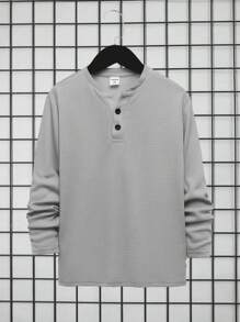 SHEIN Leap Crew Tween Boys' Casual Grey Solid Colour Waffle Grid Patterned Long Sleeve Knit T-shirt With Buttoned Placket, Autumn Winter - Light Grey - View 1