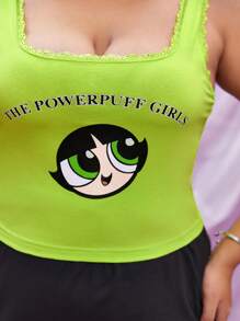 THE POWERPUFF GIRLS X SHEIN 大碼1入組標語和卡通圖案背心上衣 - 青檸色 - 查看 4
