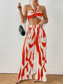 SHEIN Privé Bộ đồ hai mảnh nữ Lộ Lưng Xù Xù nhỏ Xếp li Buộc lại Tất cả trên in Giải trí - trái cam - Xem 3