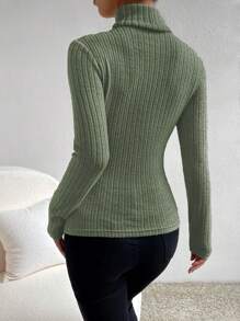 SHEIN Essnce Áo thun nữ Gân đan màu trơn Giải trí - xanh quân đội - Xem 2