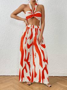 SHEIN Privé Bộ đồ hai mảnh nữ Lộ Lưng Xù Xù nhỏ Xếp li Buộc lại Tất cả trên in Giải trí - trái cam - Xem 5