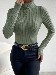 SHEIN Essnce Áo thun nữ Gân đan màu trơn Giải trí - xanh quân đội - Xem 4