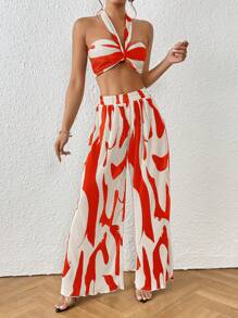 SHEIN Privé Bộ đồ hai mảnh nữ Lộ Lưng Xù Xù nhỏ Xếp li Buộc lại Tất cả trên in Giải trí - trái cam - Xem 7