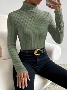 SHEIN Essnce Áo thun nữ Gân đan màu trơn Giải trí - xanh quân đội - Xem 6