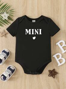 嬰兒女童字母印花連體衣,舒適,可愛又甜美,適合夏季 - 黑色 - 查看 1