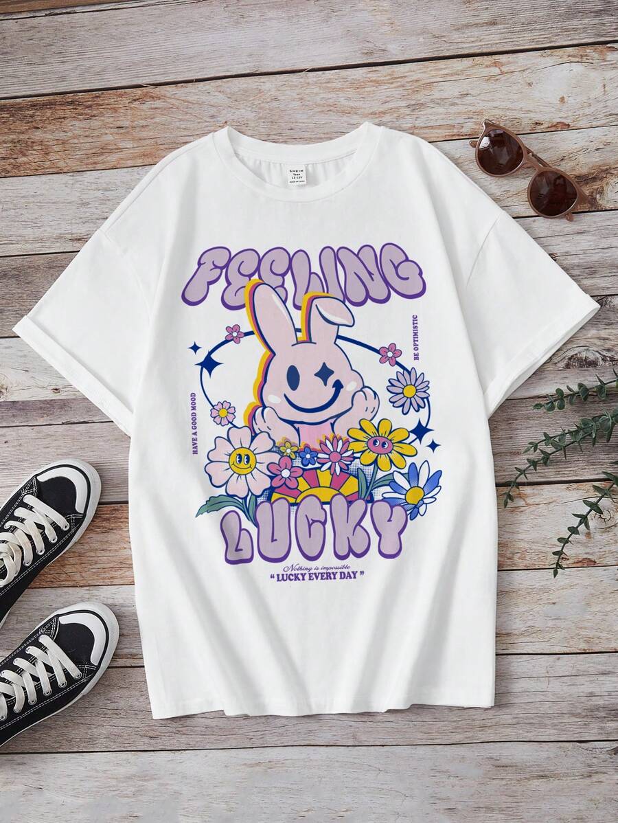 SHEIN Tops con gái Hoạt hình Lá thư Giải trí - trắng - Xem 1