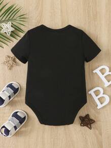 嬰兒女童字母印花連體衣,舒適,可愛又甜美,適合夏季 - 黑色 - 查看 2