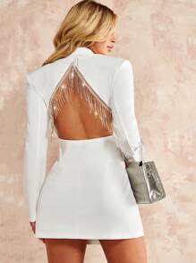SHEIN BAE Open Back Rhinestone Fringe Trim Blazer Dress In Fall/Winter - White - View 1