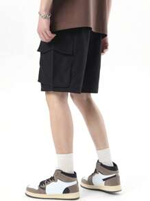 Manfinity Hypemode 男款寬鬆直筒多口袋短褲,帶蓋口袋,側面拉繩腰設計 - 黑色 - 查看 4