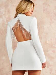 SHEIN BAE Open Back Rhinestone Fringe Trim Blazer Dress In Fall/Winter - White - View 2